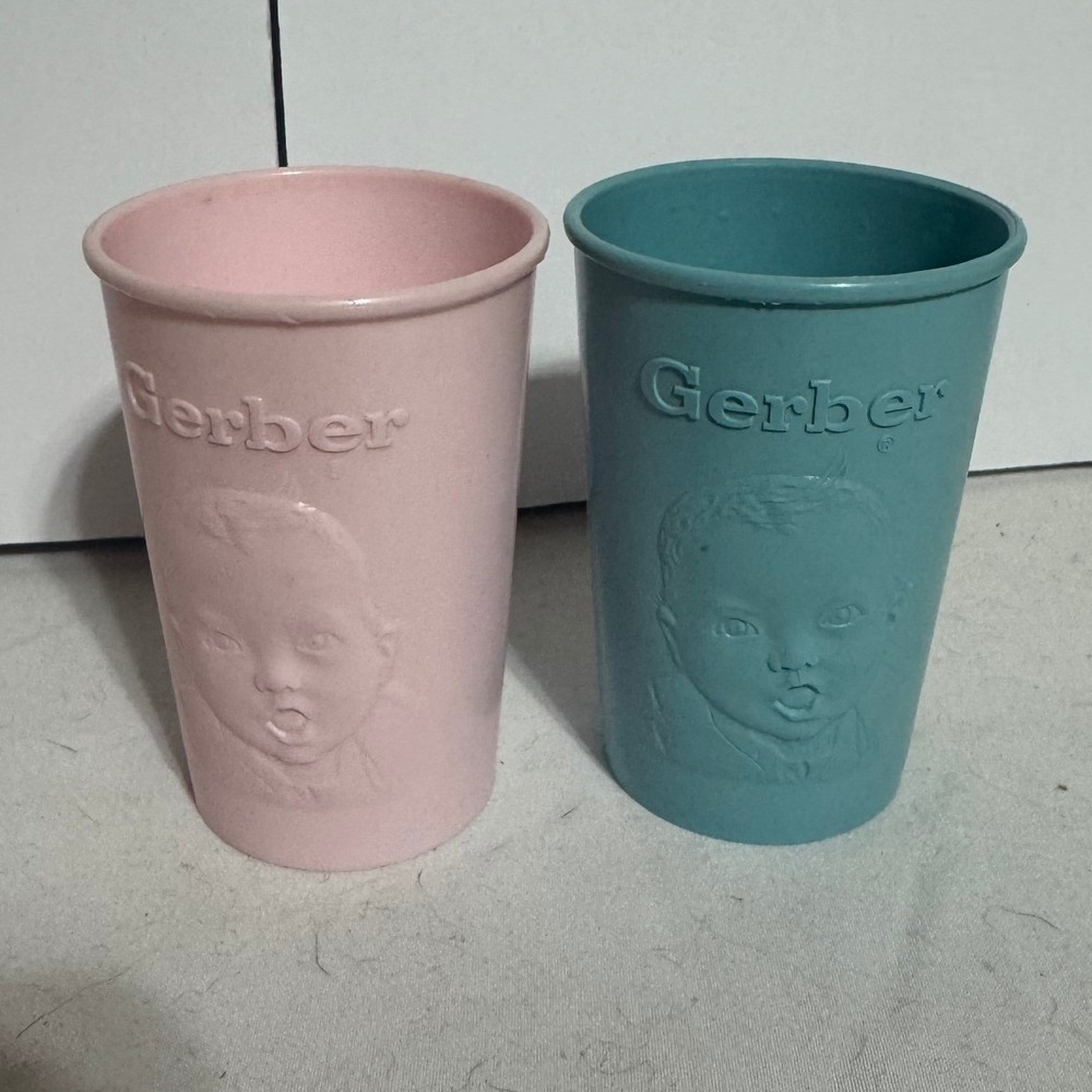Vintage Gerber Baby Cups Set of 2 Pink and Teal Blue Plastic Tumblers Embossed
